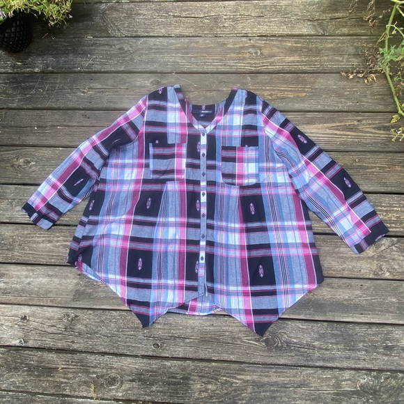 Denim 24/7 soft Cotton plaid blouse feminine style button tab sleeves 20W NEW - Picture 3 of 13
